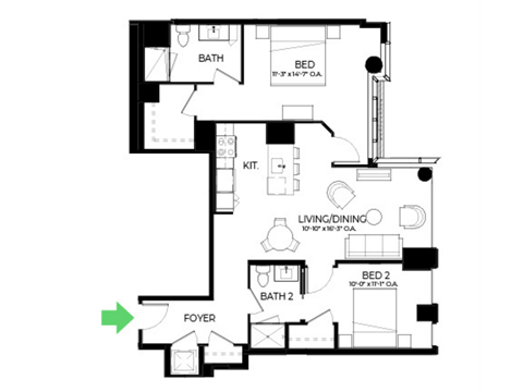 Floor plan for 2 beds, 2 baths, 1124 sqft